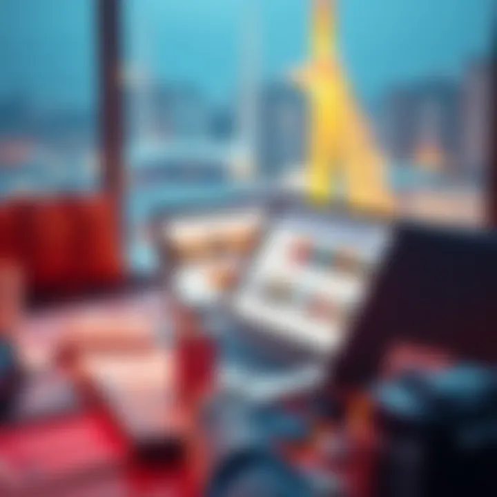 A traveler reviews RevPoints options on a laptop, surrounded by hotel brochures and travel essentials.