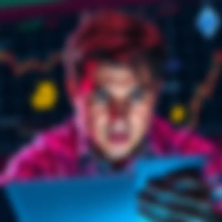 Richard is seen analyzing cryptocurrency charts with a concerned expression, surrounded by digital currency symbols.