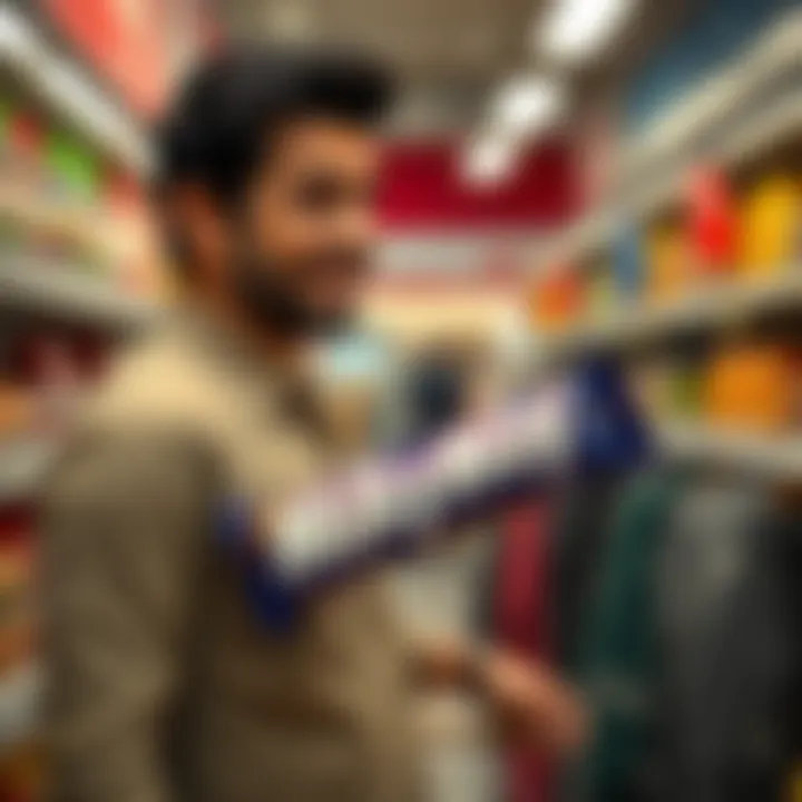 A shopper surprised to see Richard Heart holding a Milky Way bar in a grocery store in South Asia, looking amused.