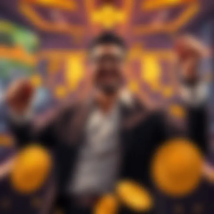 A successful crypto trader celebrating his wealth in a luxurious setting with Bitcoin symbols around him.