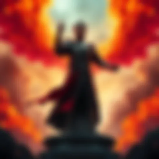 A powerful figure stands triumphantly, surrounded by flames representing victory, as the digital Empire rises once more.