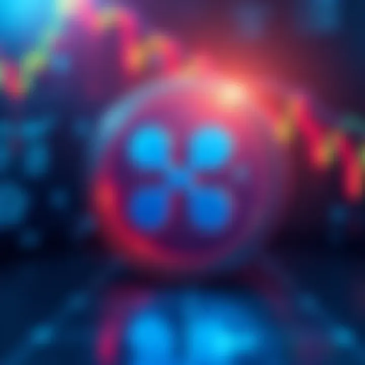 Visual representation of Ripple cryptocurrency symbol with a digital globe and growing financial charts in the background
