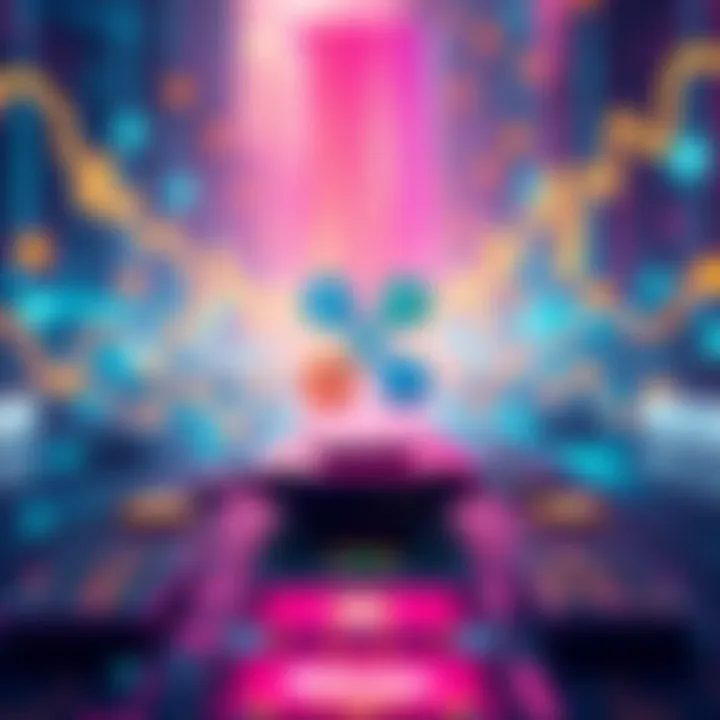 A digital representation of Ripplemaxxing showcasing futuristic financial transactions with cryptocurrency symbols and electronic devices on a vibrant background.