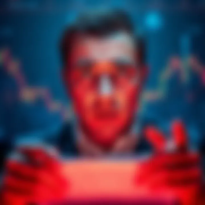 A person studying cryptocurrency charts with a worried expression, highlighting the dangers of 5x leverage investment in Bitcoin and Ethereum.
