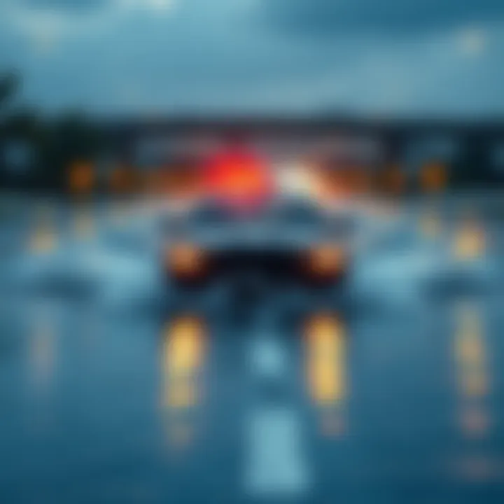A car driving through a flooded road with water covering the pavement, showing surprised drivers.