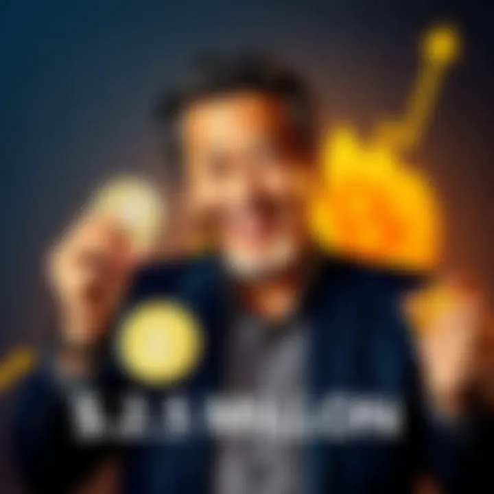 Robert Kiyosaki smiling while holding Bitcoin symbols, with a backdrop of a graph showing rising profits