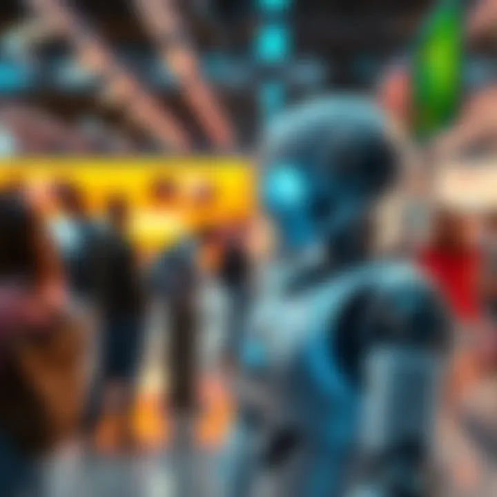 Robot in CKB Community A friendly robot interacting with people in a tech-focused environment, showcasing advancements in AI and technology.