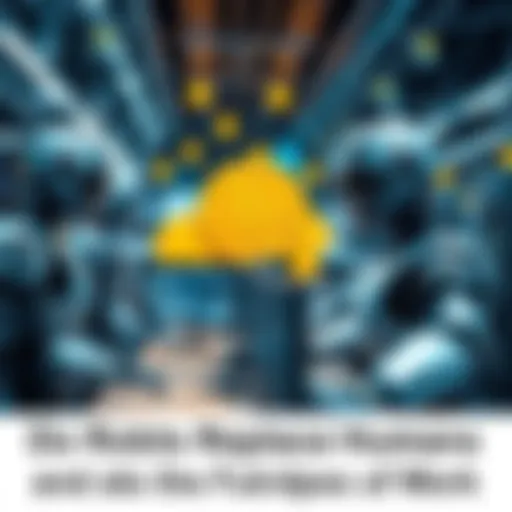 A futuristic scene showing robots working in an office setting, with Bitcoin symbols in the background representing currency for machines.