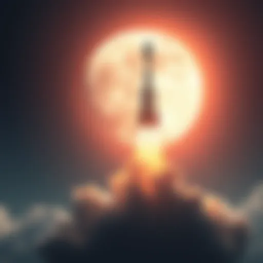 A rocket launching into the sky with the moon visible in the background, symbolizing new lunar exploration missions.