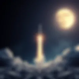 A rocket taking off from Earth, heading towards the moon, symbolizing a lunar mission
