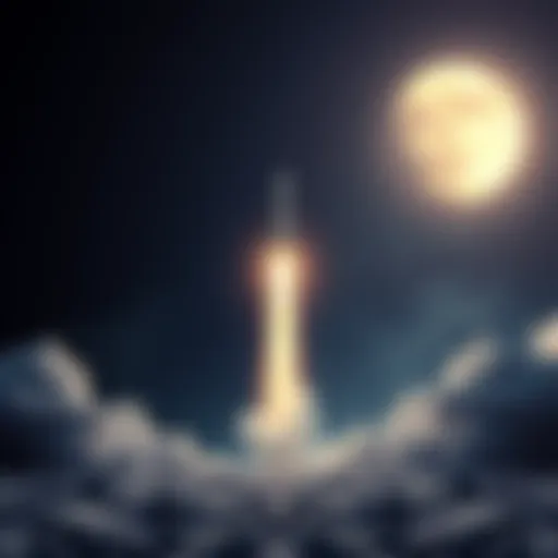 A rocket taking off from Earth, heading towards the moon, symbolizing a lunar mission