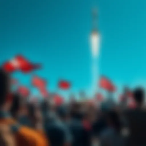 A crowd gathers with excitement for a rocket launch, holding flags and cheering under a clear blue sky.