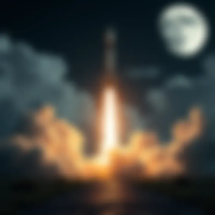 A rocket blasting off towards the moon, symbolizing upcoming lunar exploration plans.