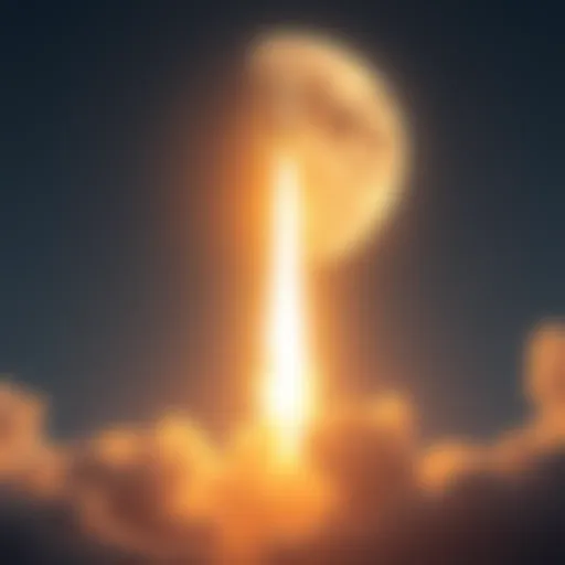 A rocket takes off towards the moon, leaving a trail of smoke in the sky, symbolizing lunar exploration.