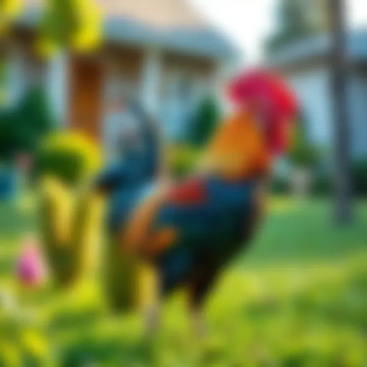 Rooster in the Front Yard A colorful rooster stands proudly in a green front yard, symbolizing new beginnings and freedom.