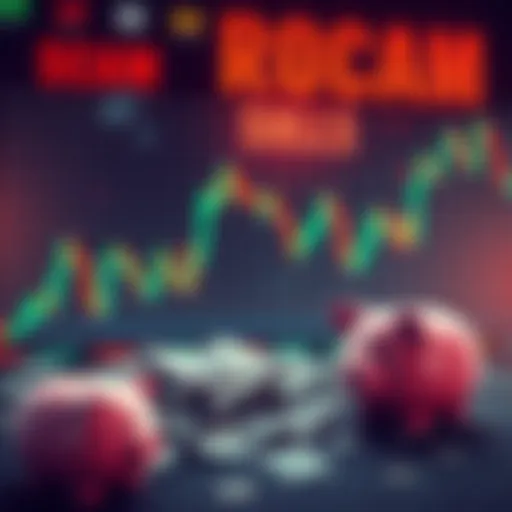 Visual of a stock market graph declining rapidly with images of broken piggy banks and lost money, representing financial loss from scams.