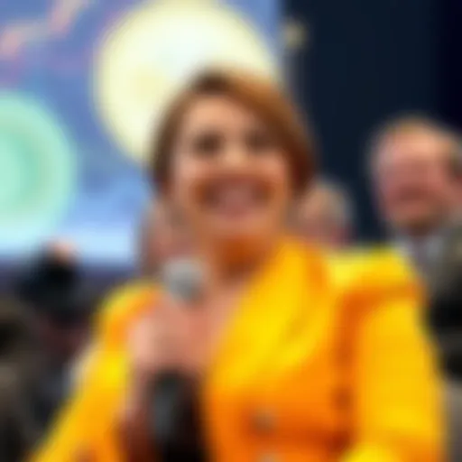 Ruja Ignatova, known as the Cryptoqueen, smiling while speaking at a conference, promoting OneCoin.