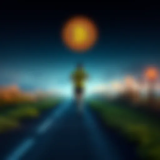 A person running on a path with a Bitcoin symbol floating above them, representing earning Bitcoin for running.