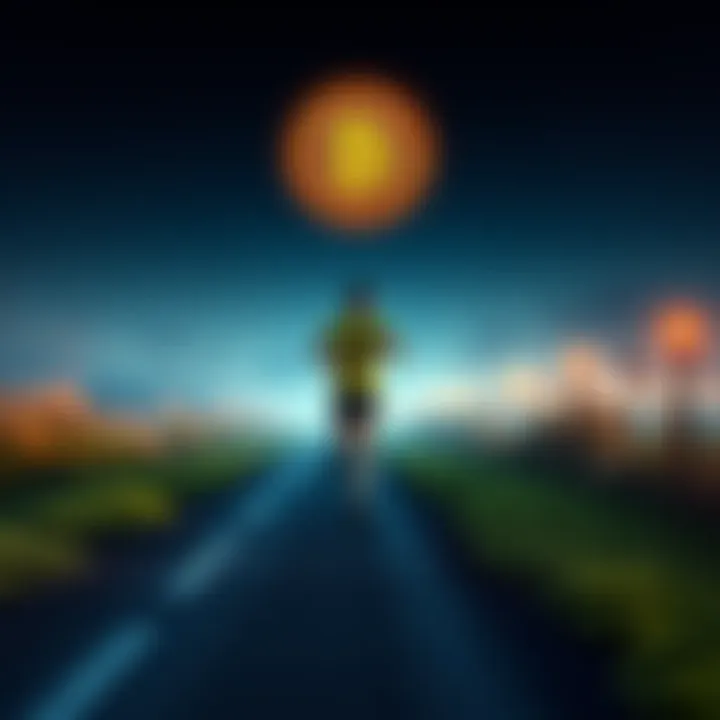 Runner with Bitcoin symbol A person running on a path with a Bitcoin symbol floating above them, representing earning Bitcoin for running.