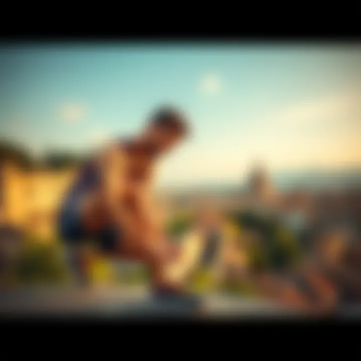 Runner preparing for marathon A focused runner tying shoelaces in front of a scenic view of Rome, symbolizing the excitement of training for the marathon.