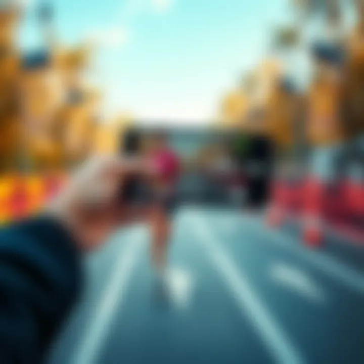 A person holding a smartphone displaying their step count while jogging outdoors during a marathon event