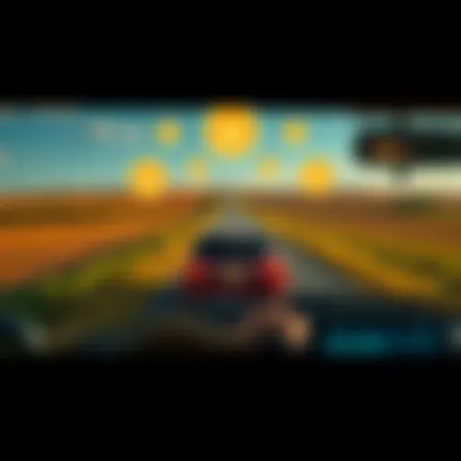 A vehicle driving on a rural road surrounded by fields, with badge icons floating above indicating possible hidden badges, representing the quest for undiscovered rewards.