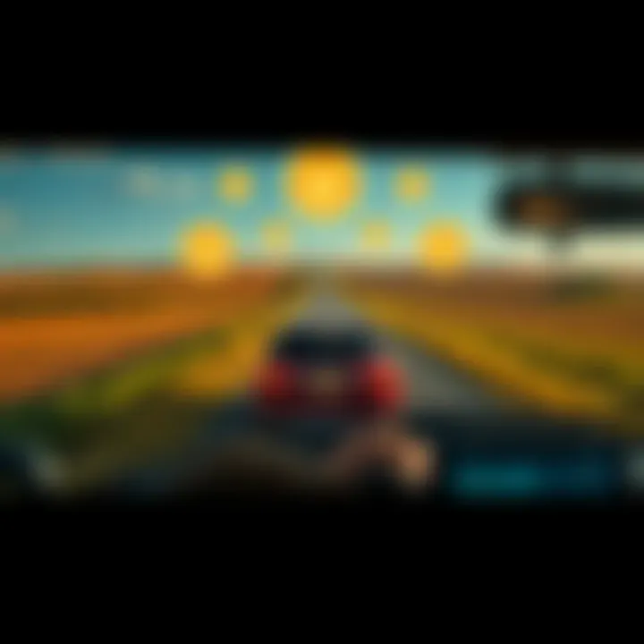 A vehicle driving on a rural road surrounded by fields, with badge icons floating above indicating possible hidden badges, representing the quest for undiscovered rewards.
