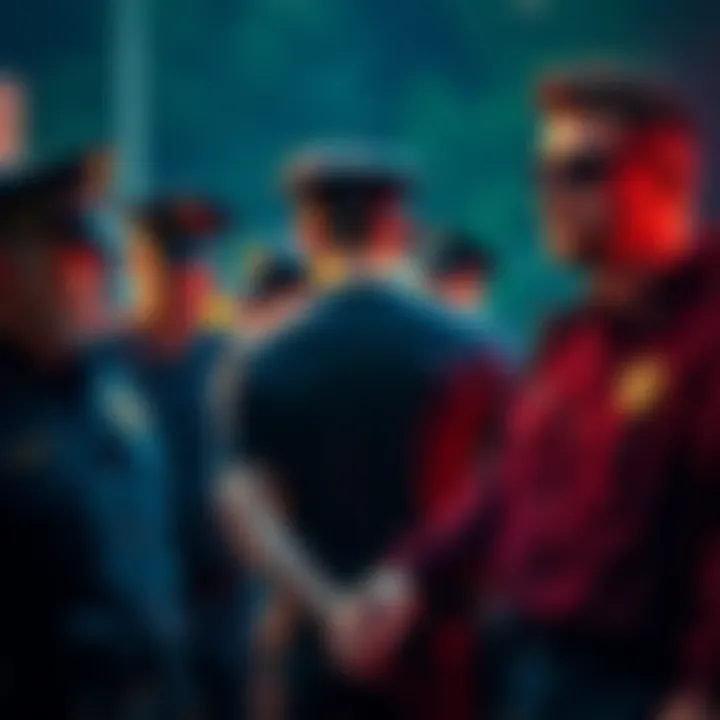 Former Olympian Ryan Wedding in handcuffs, surrounded by police officers at a scene linked to cryptocurrency.