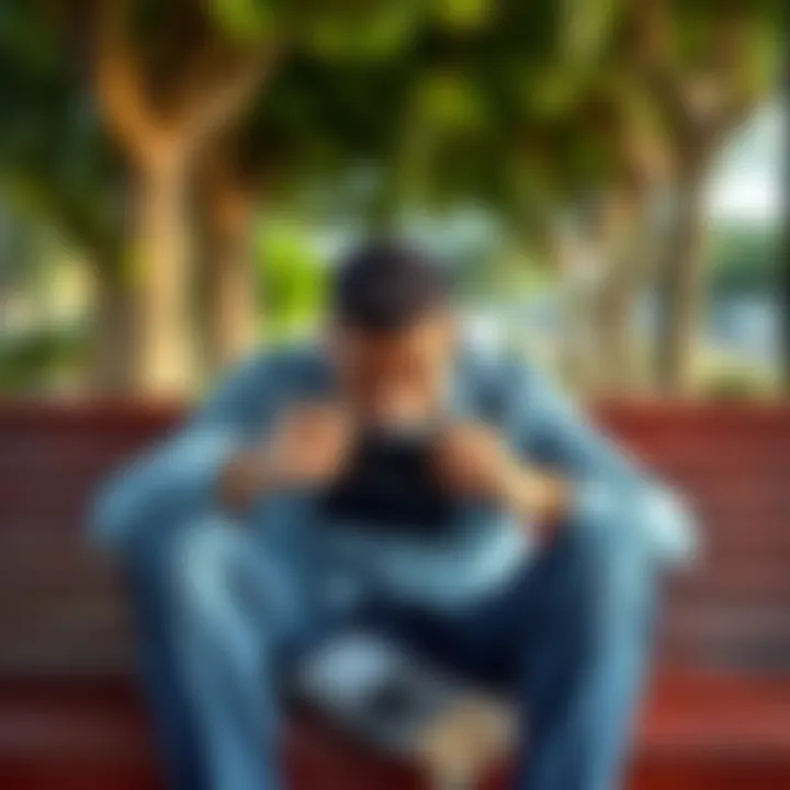 A person sits on a bench with a sad expression, holding an empty wallet, symbolizing financial loss and emotional distress