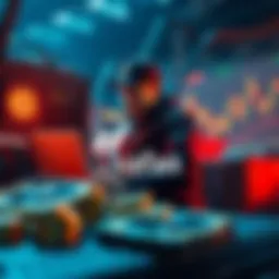 A miner working with ASIC equipment, surrounded by digital tokens and graphs representing market activity.