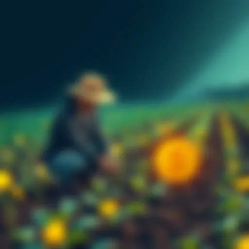 Illustration showing a farmer planting seeds in a digital field with financial symbols, representing safe yield farming in DeFi