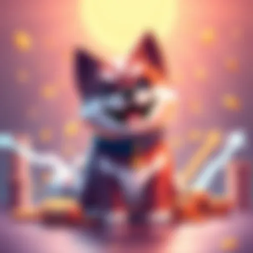 A vibrant representation of Saiko Inu, featuring a playful dog character symbolizing the memecoin, with coins and upward arrows indicating growth and investment excitement.