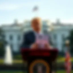 Sam Bankman-Fried speaking at a podium with the White House in the background, holding a letter addressed to President Trump