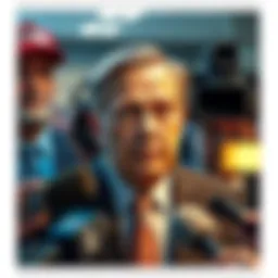 Sam Bankman-Fried speaks with a serious expression, surrounded by media, as he requests a presidential pardon from Donald Trump after his conviction.