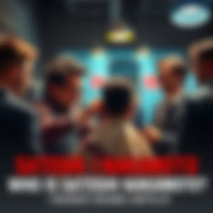 A barber styling a hairdo in a playful setting while people laugh and discuss Satoshi Nakamoto's identity.