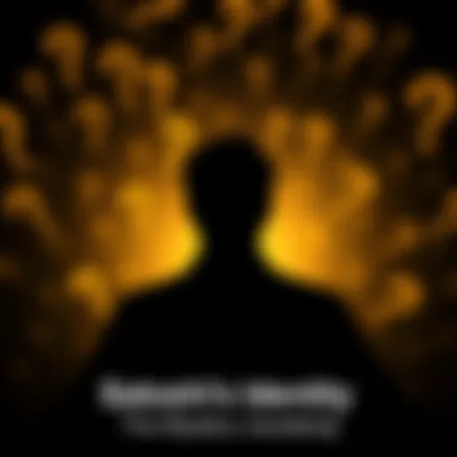 A dark silhouette of a person surrounded by question marks, symbolizing the unknown identity of Bitcoin's creator, Satoshi Nakamoto.