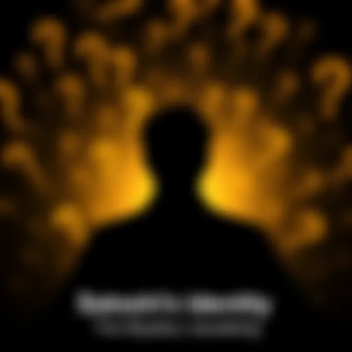 A dark silhouette of a person surrounded by question marks, symbolizing the unknown identity of Bitcoin's creator, Satoshi Nakamoto.