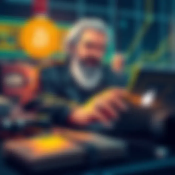Illustration of Satoshi Nakamoto working on Bitcoin's security features with a digital wallet in the foreground.