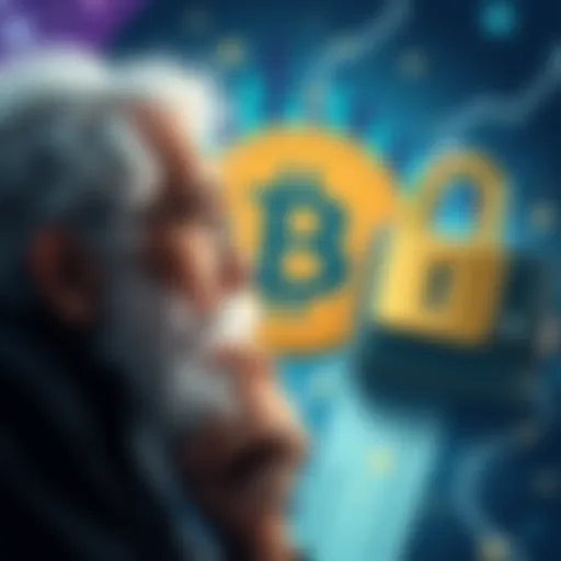 A person thinking with a Bitcoin logo and a locked wallet in the background, representing lost wallet keys.