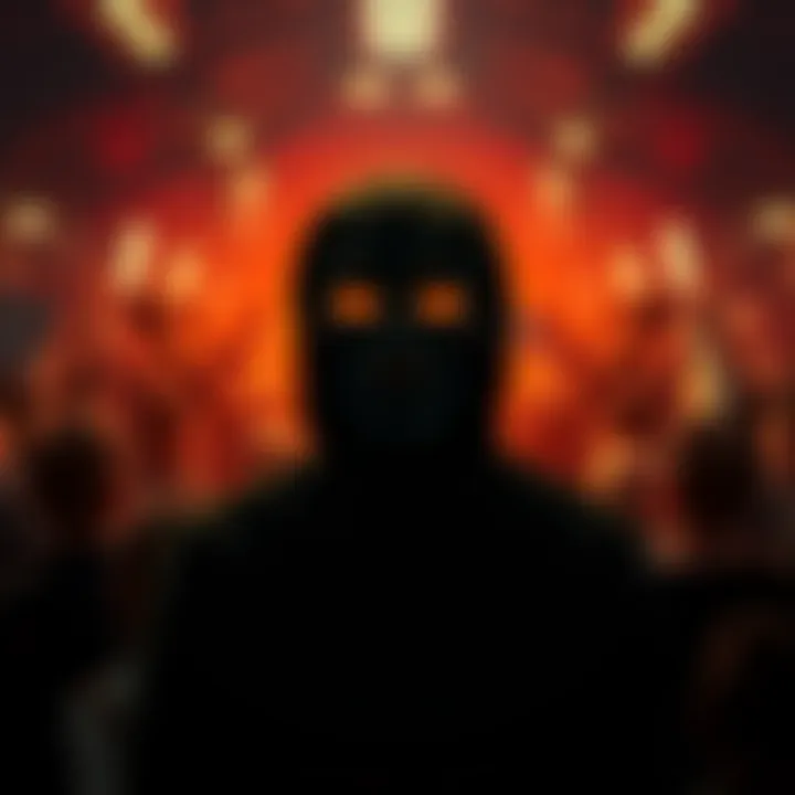 A silhouette of a person wearing a mask, symbolizing the anonymity of Satoshi Nakamoto, standing in front of a crowd divided into supporters and critics.