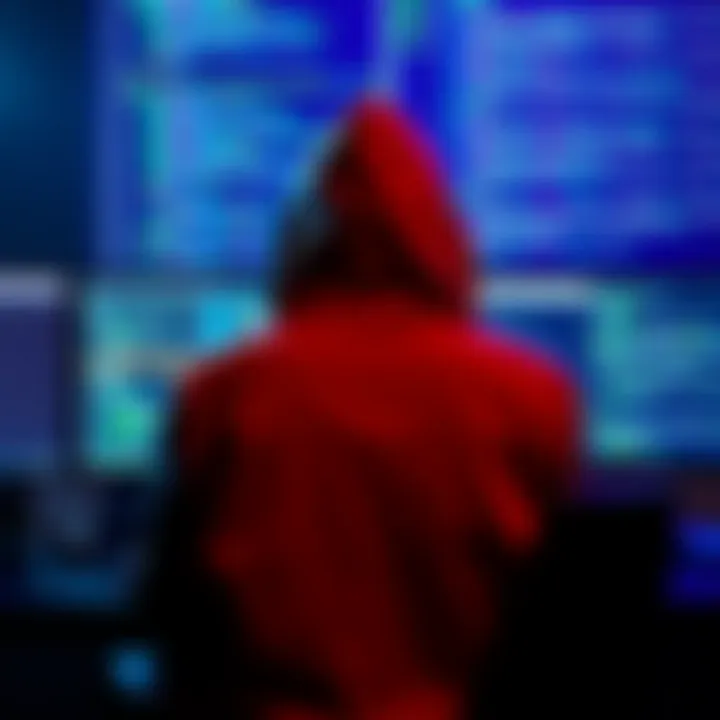 A person in a hoodie sitting at a computer with code on the screen, representing the theories about Satoshi Nakamoto's identity.
