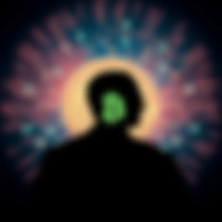 Satoshi Nakamoto's Vision for Bitcoin A silhouette of a person with coding symbols around, symbolizing Satoshi Nakamoto's influence on Bitcoin's future.
