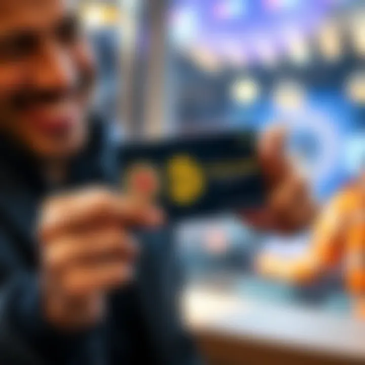A person holding a SATSCARD showing the Bitcoin logo, smiling while making a transfer, symbolizing easy gifting and transactions.