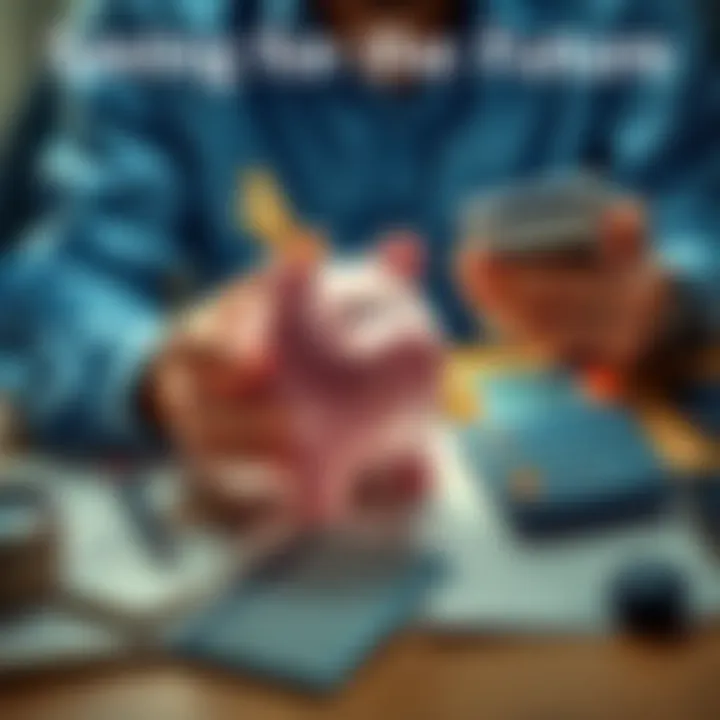 A person holding a piggy bank and a calculator, surrounded by budgeting tools and notes, focused on saving money.