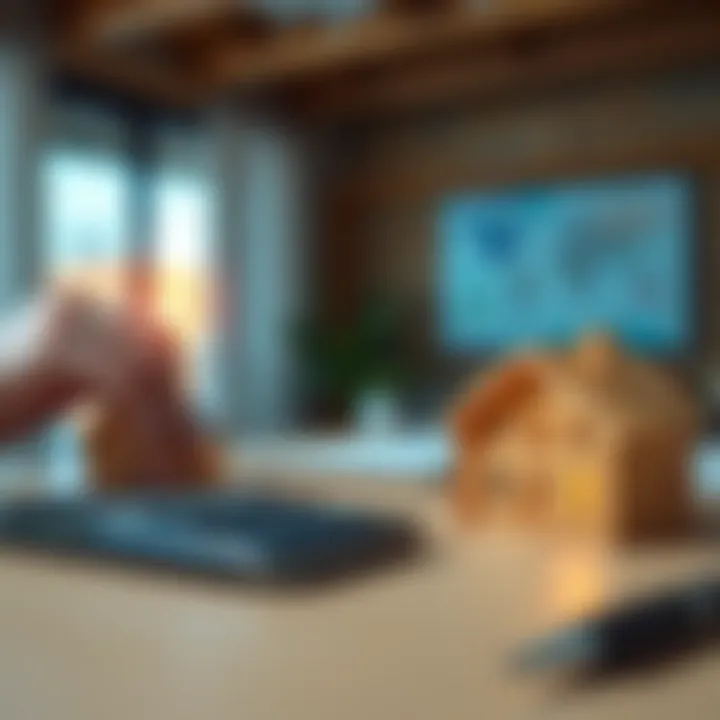 A person calculating savings with a calculator and a piggy bank on a desk, with a small house model in the background