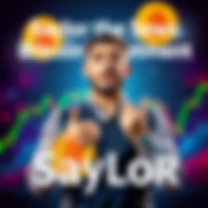 Entrepreneur Saylor confidently promoting his Bitcoin investment, surrounded by visuals of Bitcoin and falling stock charts, showcasing his determination.