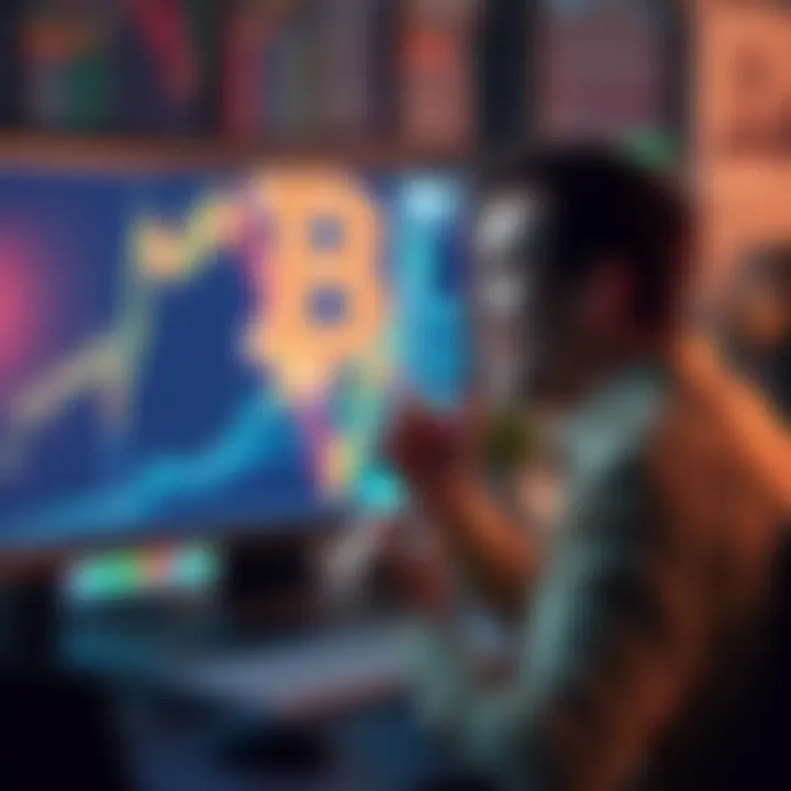 Michael Saylor Bitcoin Sale A digital representation of Bitcoin with a graph showing a drop in value, while a person eagerly buys Bitcoin on a computer in the background.