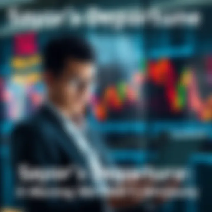 A business professional looking concerned while reading news on a tablet, background shows stock market graphs