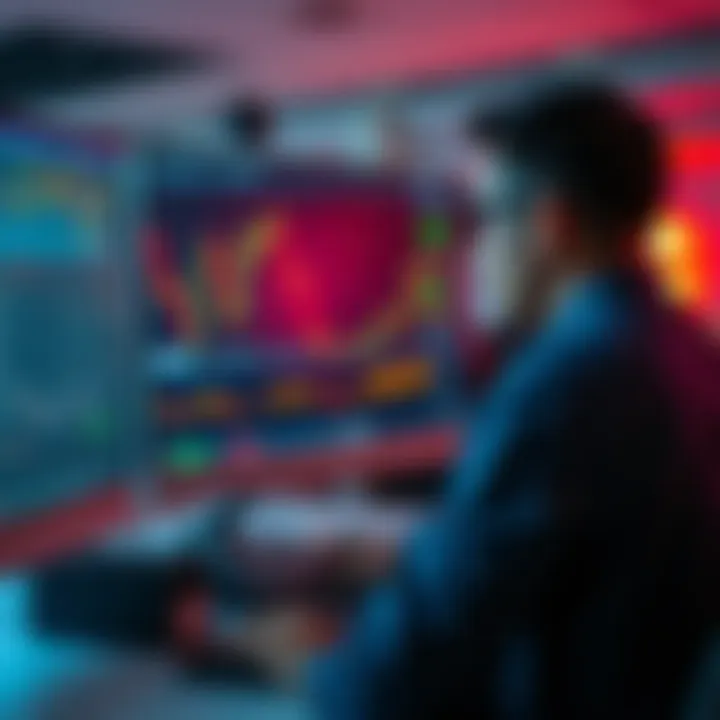 Scalping in Crypto Trading A trader analyzing low cap altcoins on a computer screen with charts and graphs showing price fluctuations. The scene captures the essence of day trading in the crypto market.