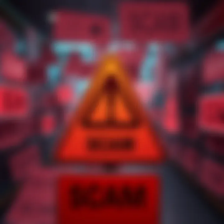 A graphic showing a warning sign with various scam posts in the background